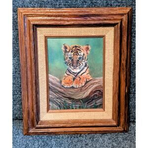 Vintage Original Wood Framed Baby Tiger Oil Painting on Canvas Signed Marianne